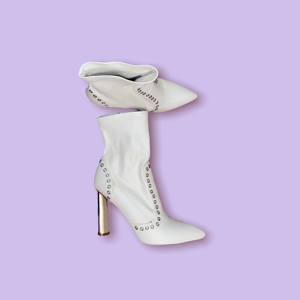 White Ankle Sock Booties with silver mirror-like heels